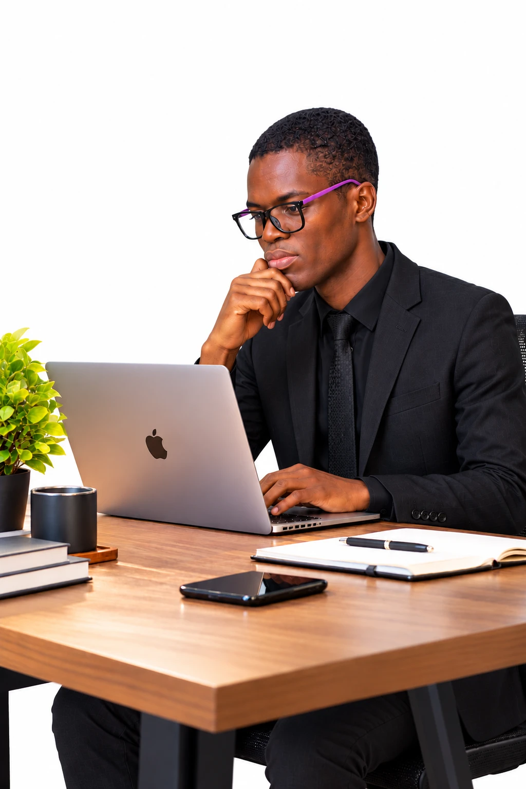 A professional in a black suit working at a laptop